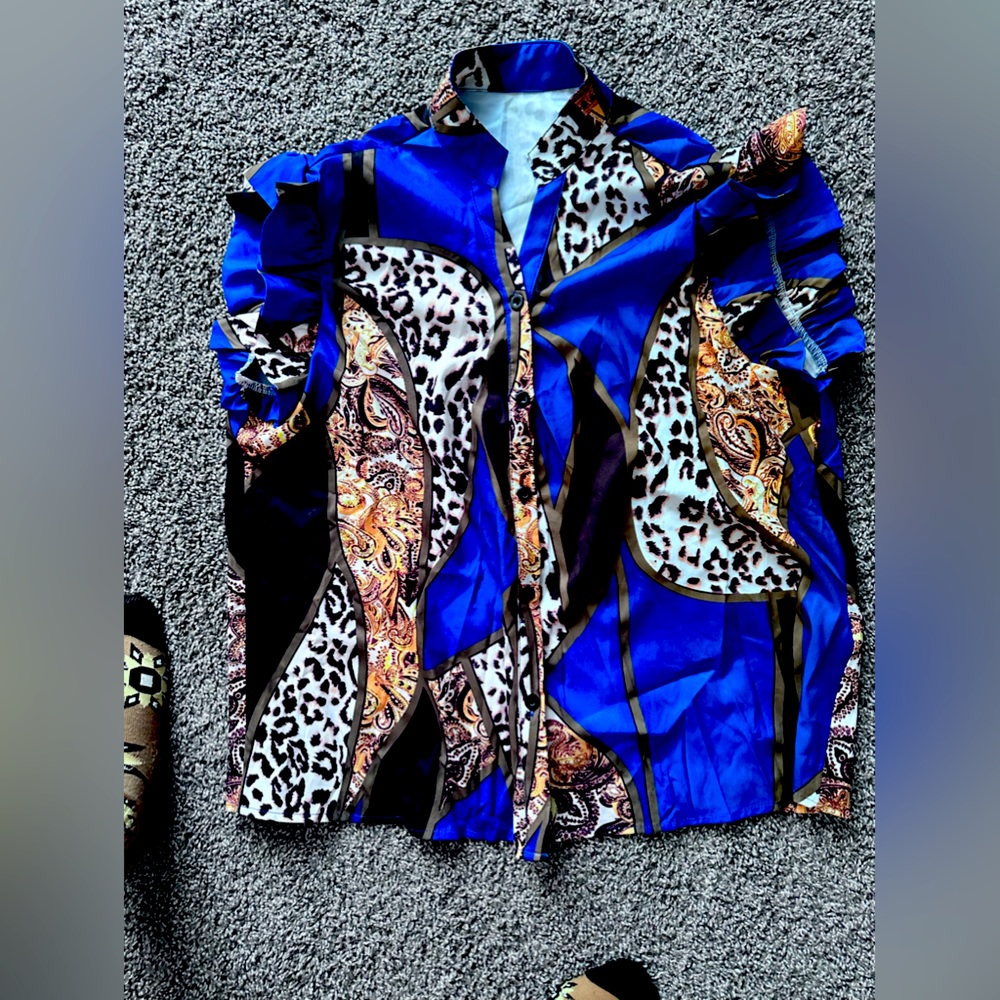 Deep blue animal, print casual blouse